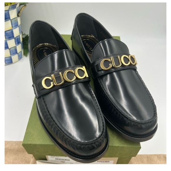 Gucci, gold logo, embellished, leather loafers size 13 made in Italy main image 7